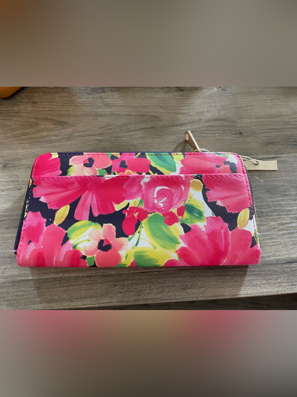 New Trina Turk Pink Green Floral Zip Around Card Money Wallet vegan leather